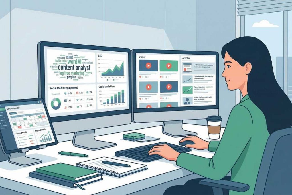Imagem de uma mulher sentada analisando telas de computador