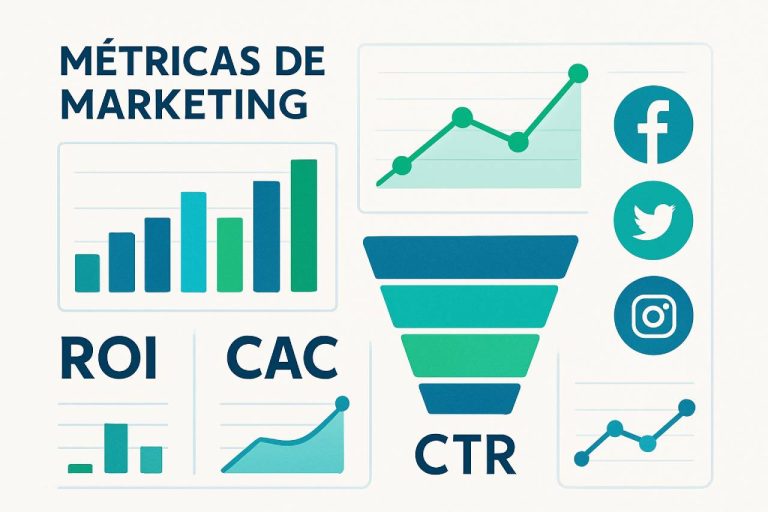 Imagem com gráficos de diversos tipos e um funil de vendas em tons de azul
