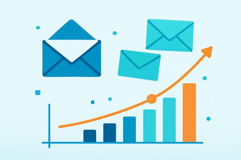 Imagem com envelopes e um gráfico de barras com setas para cima