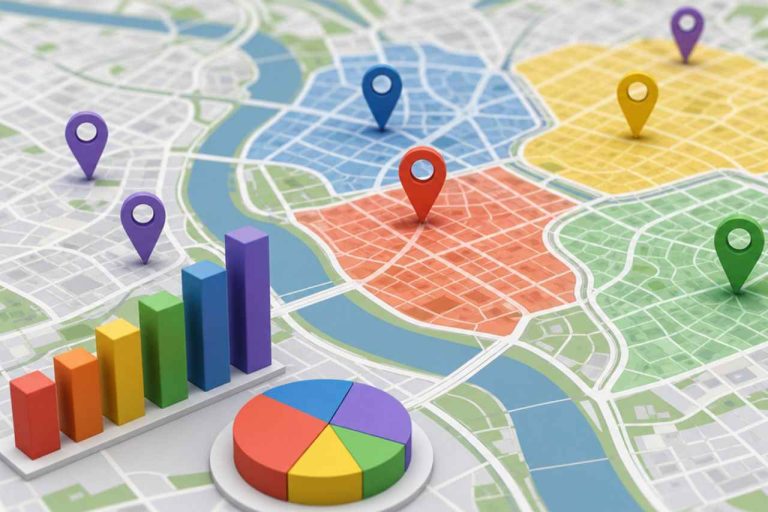 Foto de um mapa com vários pins coloridos em cima dele
